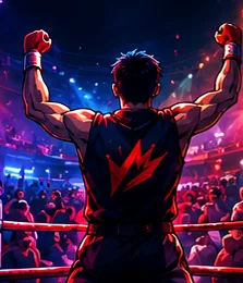 Uzvarējis anime stila bokseris VSCasino arēnā priecīgi paceļ dūri gaisā